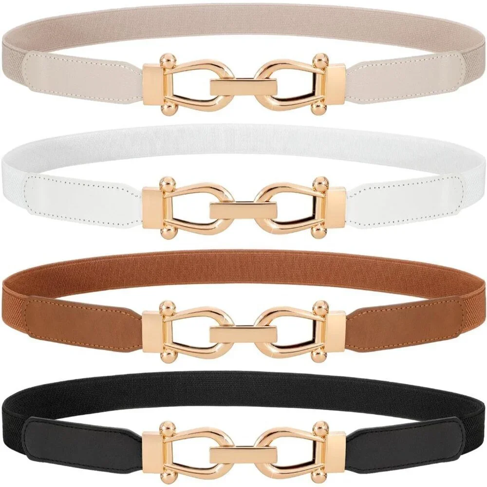 Women Skinny Elastic Waist Belt Set Gold Buckle for Jeans Dress Casual